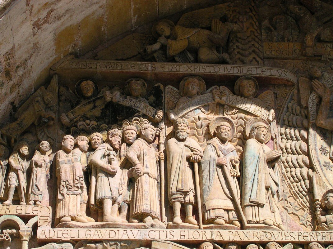 Detal z tympanonu portalu kościoła Sainte-Foy w Conques (Francja), ok. 1125-1135